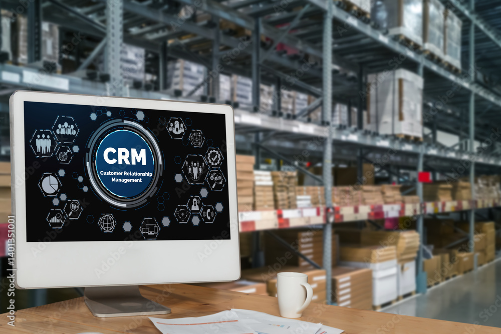 Poster customer relationship management system on modish computer for crm business and enterprise
