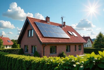 A modern brick house with solar panels on the roof, nestled in a green landscape under a sunny sky.