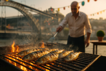 Portuguese Feast: Festive Atmosphere of a Sardine Festival with Grilled Sardines, Fresh Salad, and Olive Oil, Set Against the Picturesque Backdrop of Porto, Douro River, and Bridges. São João
