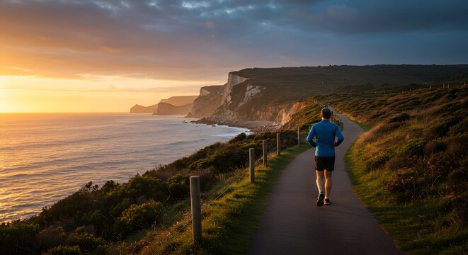 Man Jogging on Coastal Path at Sunrise
