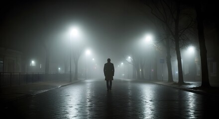 Man in Trench Coat on Foggy City Street at Night