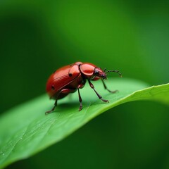 Fototapeta premium Macro shot of a vibrant red beetle on a green leaf. Perfect for nature, wildlife, and science publications.