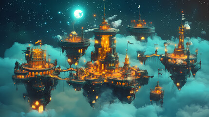 Obraz premium A celestial marketplace where traders float between glowing islands, selling treasures from otherworldly dimensions. Celestial Waraxe. Illustration