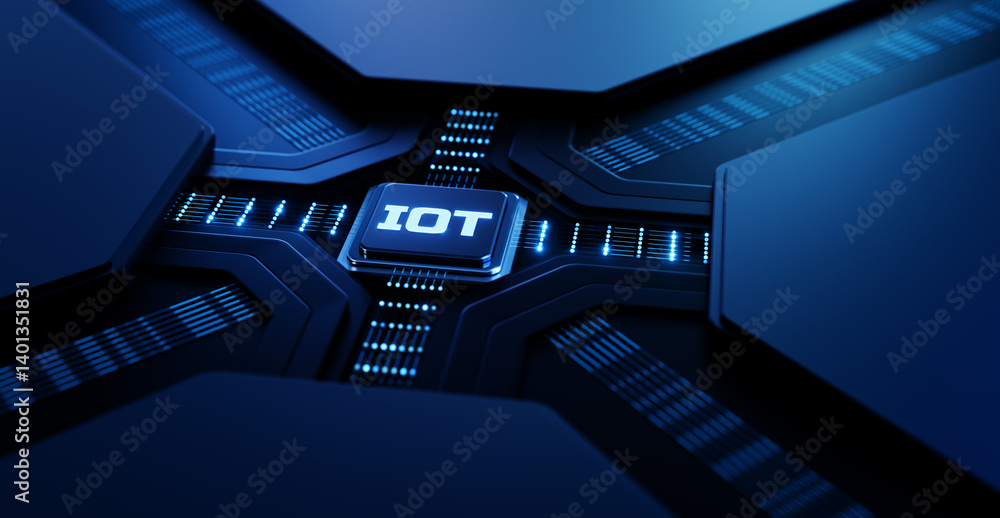 Poster iot internet of things text word on chip processor. modern technology concept
