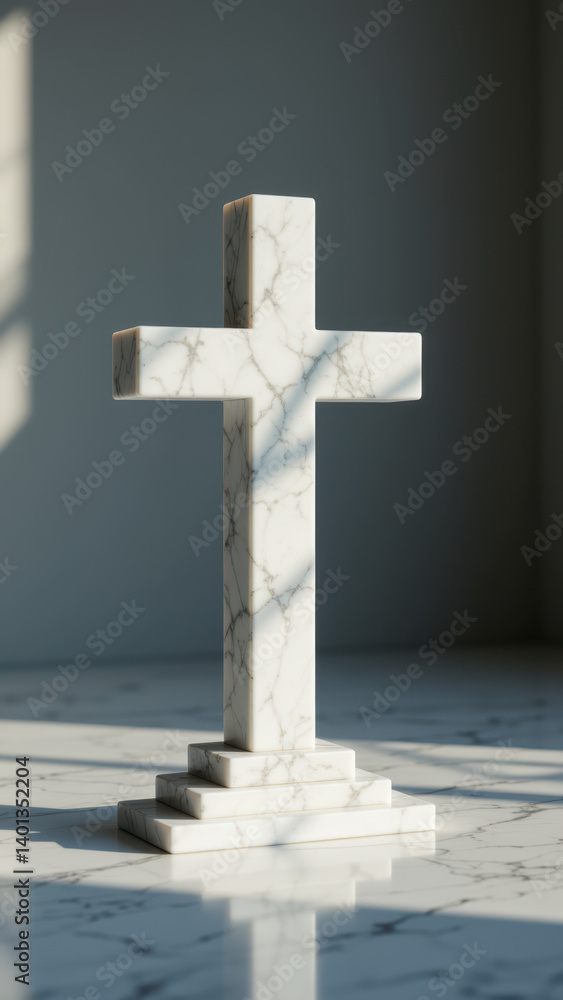 Poster a modern marble cross with a shadow cast on a reflective surface, showcasing the interplay of light 