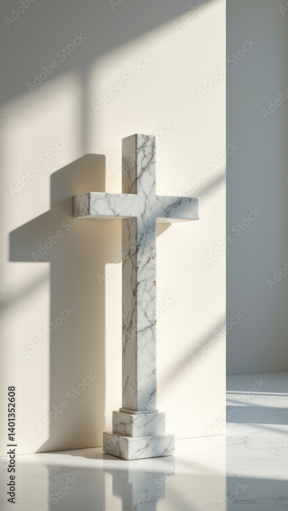 Poster marble cross with a reflective base against a light background, illuminated by soft sunlight from an