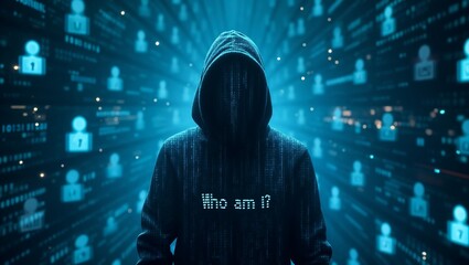 Concept of digital identity and online anonymity — a hidden persona navigating cyberspace, highlighting cybersecurity, privacy, data protection, and the question of "Who am I?" in the virtual world.