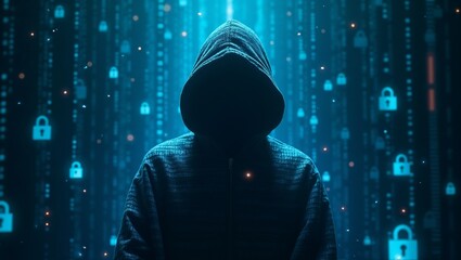 Concept of digital identity and online anonymity — a hidden persona navigating cyberspace, highlighting cybersecurity, privacy, data protection, and the question of "Who am I?" in the virtual world.