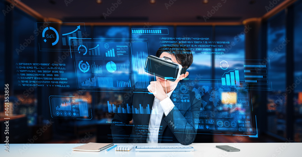 Poster professional project manager looking and holding business data and checking financial chart. smart b