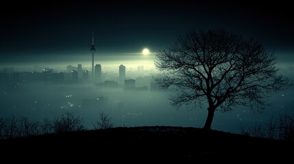 Mysterious Night Cityscape: A Lonely Tree Silhouetted Against a Foggy Urban Skyline