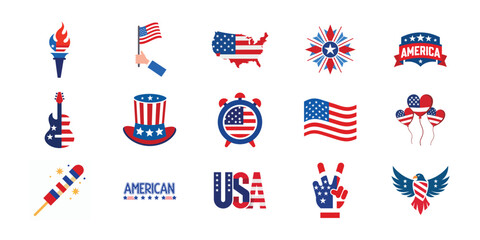 4th of July vector elements set. Collection of American Independence Day vector illustration on white background