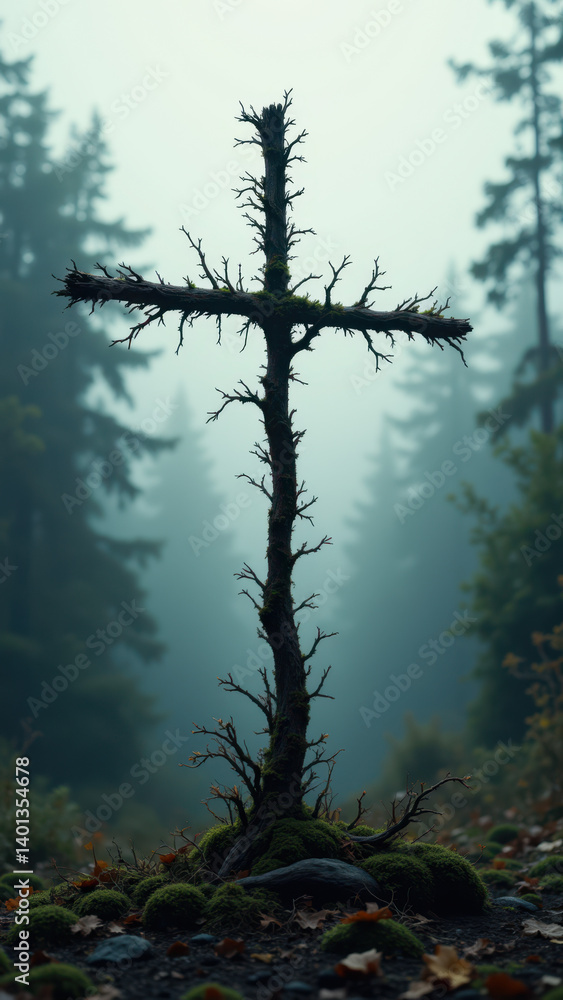 Poster cross with a silhouette of trees, suggesting a forest or wilderness setting with misty atmosphere.