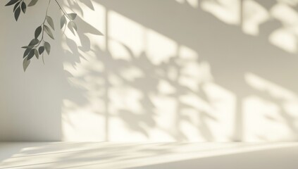 Sunlight shadows falling on a minimalist wall with leaves. Use Product display, website background