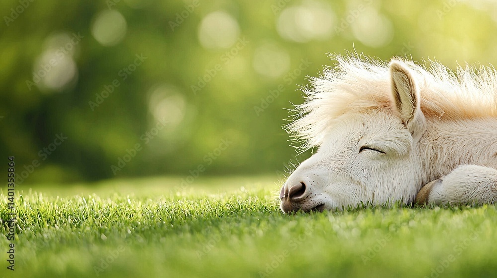 Poster a white horse resting on green grass in a field with trees in the background