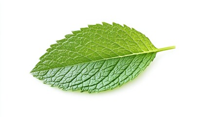 Obraz premium A fresh mint leaf isolated on a white background, with detailed veins highlighting its natural beauty.
