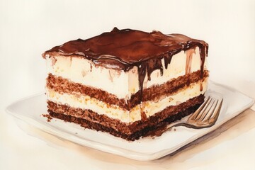 A hand-painted watercolor of a delicious tiramisu, showcasing rich chocolate layers and a creamy texture