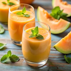 Cantaloupe Juice with Mint Leaf Garnish.