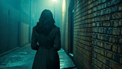 Mysterious woman walking alone through a dimly lit alley at night evoking urban mystery