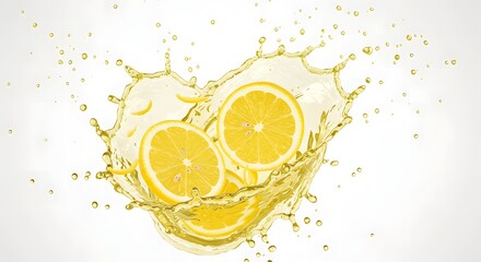 Lemon Slices Splashing in Liquid on White Background