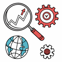 Flat style SEO icon set with magnifying glass, gear, and globe elements