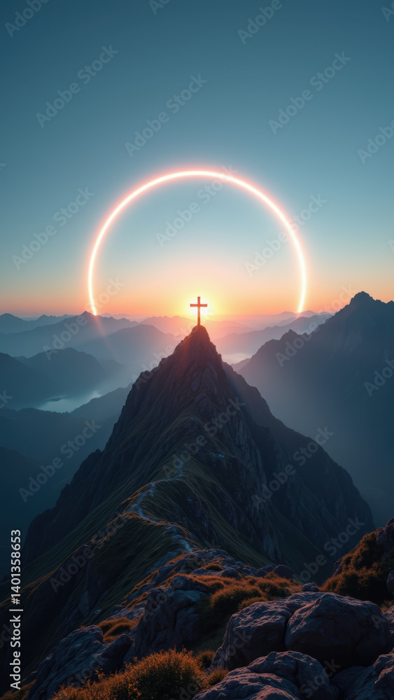 Poster a breathtaking scene of a christian cross against the backdrop of a partial solar eclipse above maje
