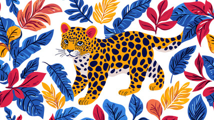 Obraz premium vibrant leopard walking through colorful tropical leaves, showcasing lively and artistic design