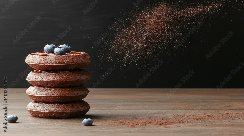 Aufkleber a wooden table is home to a neatly arranged stack of doughnuts and a generous dusting of powdered su