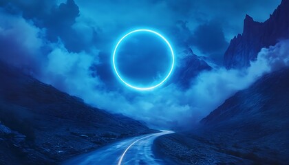 Futuristic road in the mountains with neon light. 3d rendering