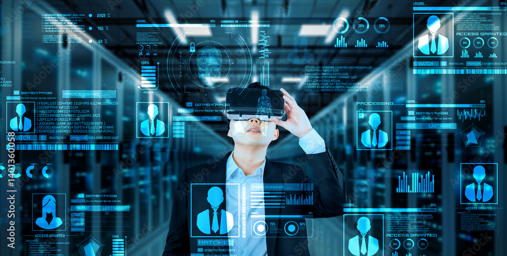 Poster business man looking at security system hologram and standing at data center. skilled project manage