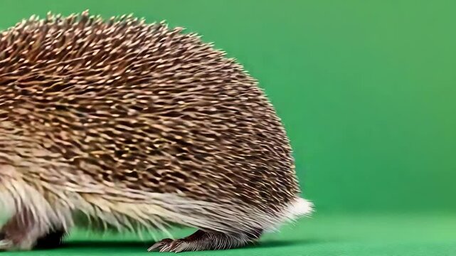 Close-up view of a hedgehog on a vibrant green background, showcasing its unique texture and features