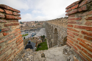 Panoramic View of Segovia Aqueduct with Tourists