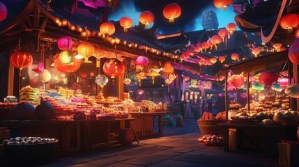 Vibrant Chinatown Night Market Scene with Traditional Lanterns and Food Stalls