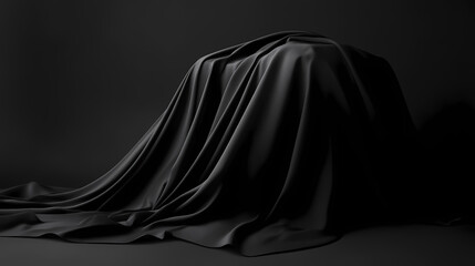 Mysterious black cloth covering object; dark studio backdrop; anticipation, reveal concept; product launch. Enigma Fabric. Illustration