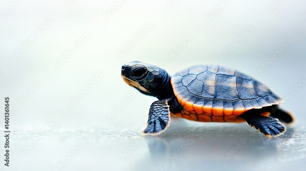 Poster a close-up of a tiny turtle on a white background with a blue and orange striped shell