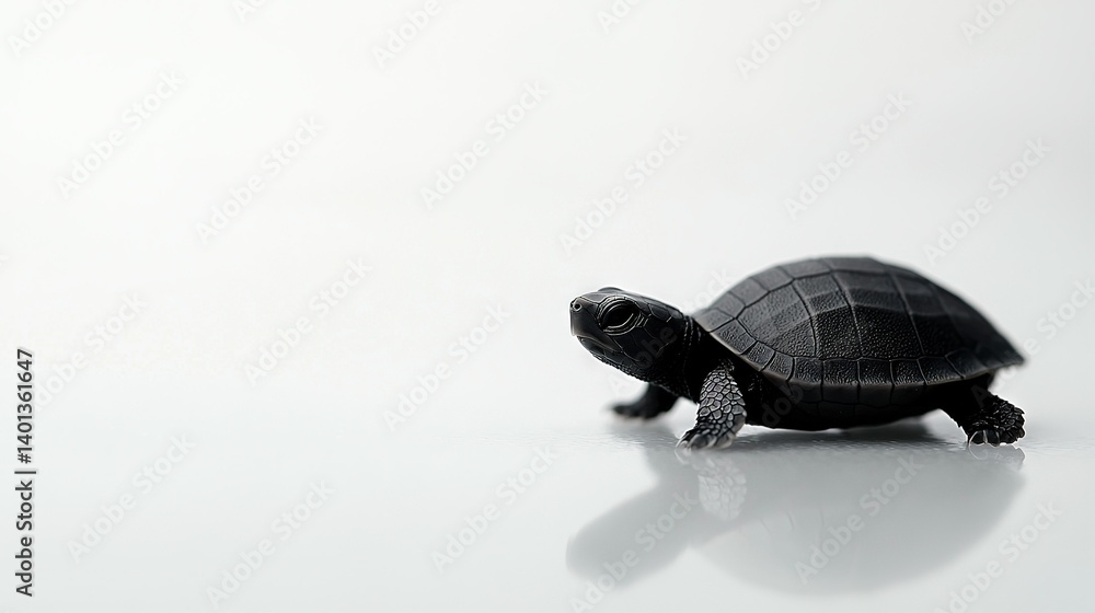 Poster a close-up of a tiny turtle on a white background with its reflection in the water below