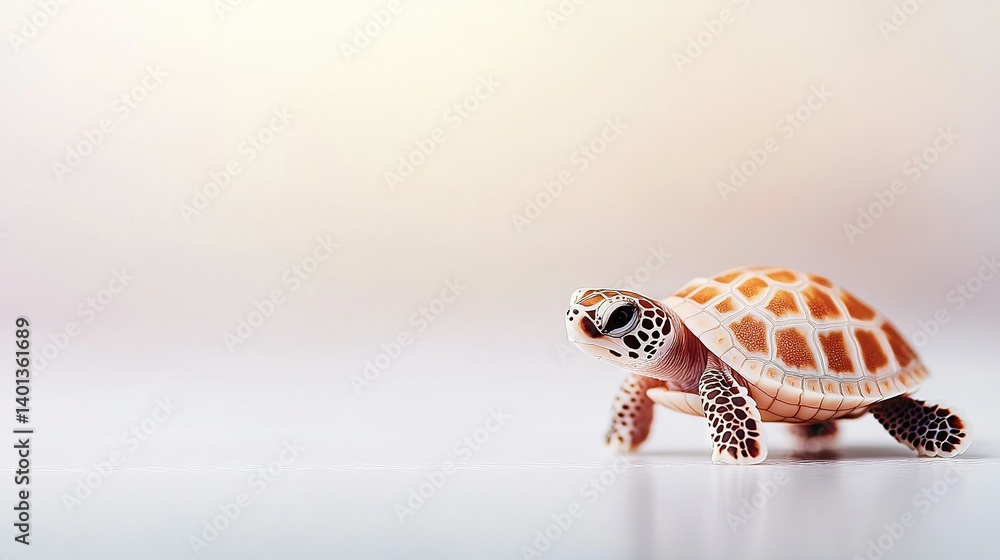 Poster close-up of a tiny turtle on a white platform against a slightly blurred background, with a lighter 