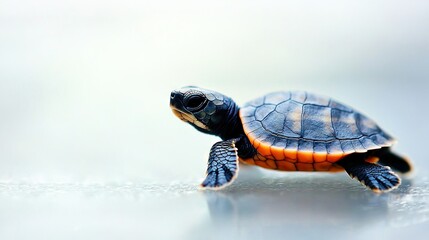 Fototapeta premium A close-up of a tiny turtle on a white background with a blue and orange striped shell