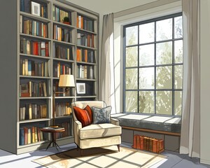 Sunlit Library with Beige Armchair and Bookshelves