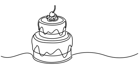 Continuous one line drawing of sliced cake - food and beverage concept. Contour icon. Cheese cake with cream in single line draw illustration. Editable stroke.  One continuous line. 
