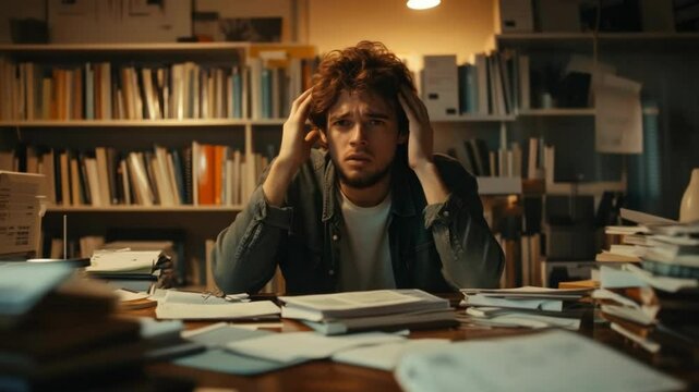 A stressed college student sitting at a cluttered desk filled with textbooks and notes, their hands on their head in frustration