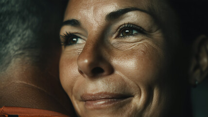 Close-up of a woman with brown eyes smiling while being embraced, highlighting a moment of connection and warmth in a dimly lit setting.