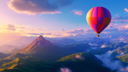 Obraz premium vibrant hot air balloon floats above stunning mountain landscape, showcasing beauty of nature sunrise. colorful balloon