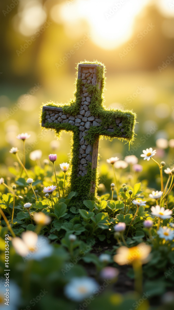 Poster a cross standing in a field with greenery around it.