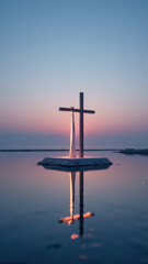 Naklejka premium Christian cross reflecting on water at sunset.
