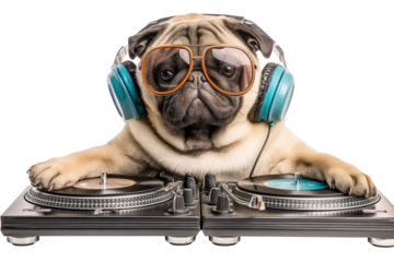 Cool Pug DJ Mixing Music with Headphones and Sunglasses