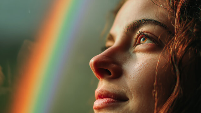 A moment of awe as a woman looks up at a beautiful rainbow, the colors reflecting in her eye, as she dreams of brighter days.
