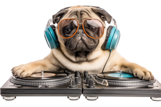 Cool Pug DJ Mixing Music with Headphones and Sunglasses