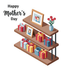 Mother’s Day gift display on shelves with flat design vector art