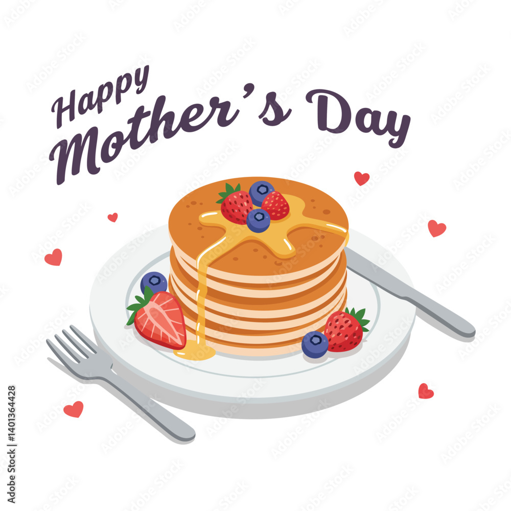 Poster stack of pancakes with berries and syrup in flat vector art