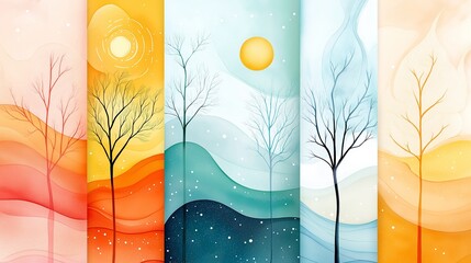 Abstract vertical panels of colorful landscapes with sun and bare trees representing seasons with copy space